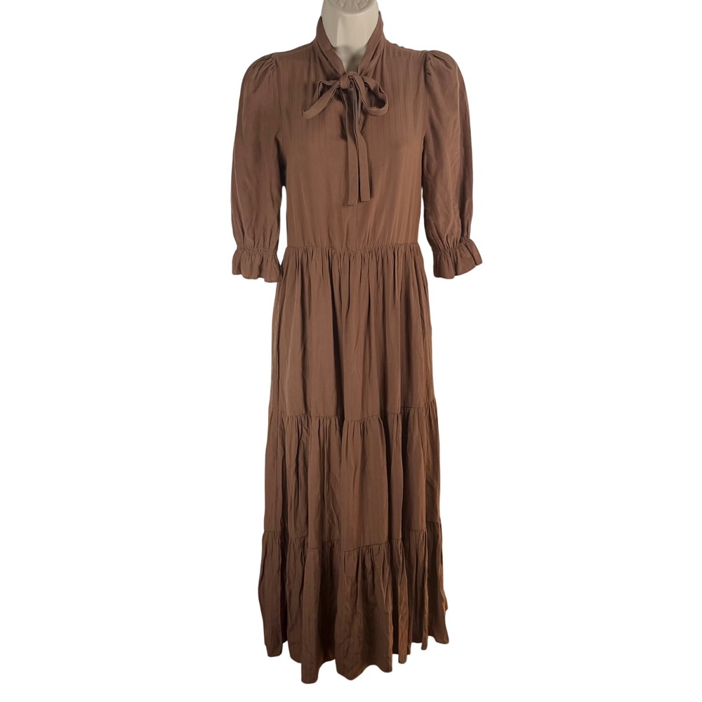 Roolee Brown Tie Neck Tiered Maxi Dress XS Boho Cottagecore